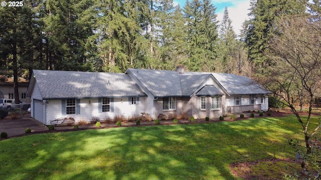 single story home with a shingled roof, brick siding, a chimney, and a front lawn