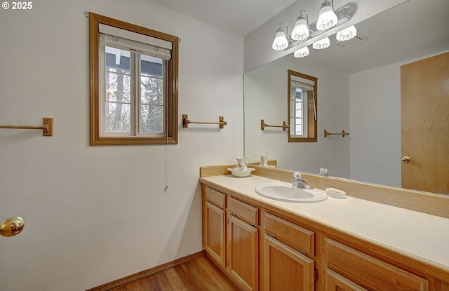 bathroom featuring baseboards, wood finished floors, and vanity