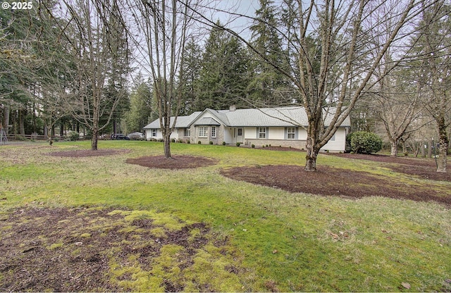 ranch-style house featuring crawl space, a front lawn, and a chimney