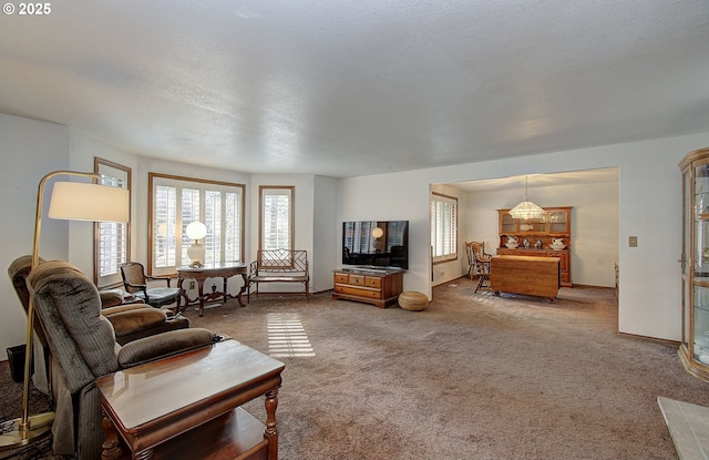 carpeted living area with a textured ceiling and baseboards