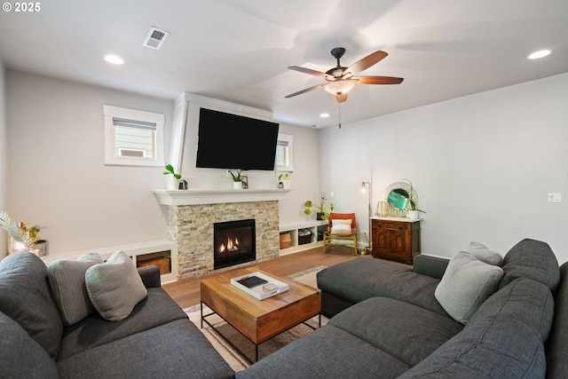 12721 Cottonwood Ave, Oregon City, OR 97045 - living area with ceiling fan, wood finished floors, healthy amount of natural light, a fireplace, and recessed lighting