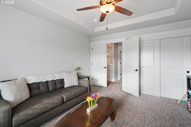 12721 Cottonwood Ave, Oregon City, OR 97045 - living area featuring carpet flooring, a ceiling fan, and a raised ceiling