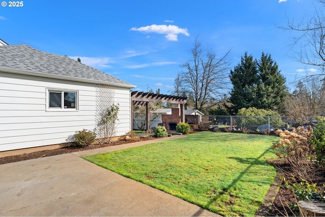 view of yard featuring a patio area, fence, and a pergola