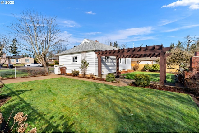 exterior space featuring a patio area, a fenced backyard, a gate, and a pergola