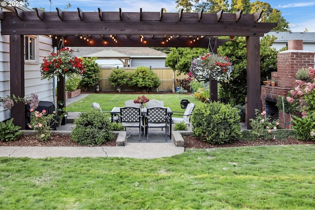 view of yard featuring a pergola, a patio, and fence