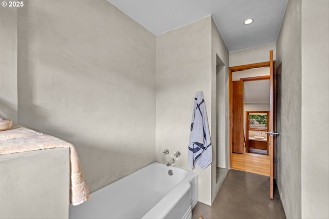 3905 NE Holman St, Portland, OR 97211 - full bathroom featuring a bath, concrete flooring, and recessed lighting
