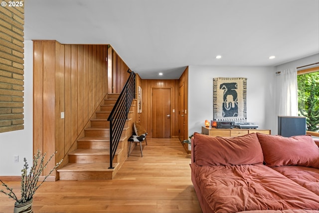 3905 NE Holman St, Portland, OR 97211 - living area with light wood-style floors, stairs, and recessed lighting