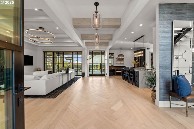 interior space featuring parquet floors, coffered ceiling, beam ceiling, and recessed lighting