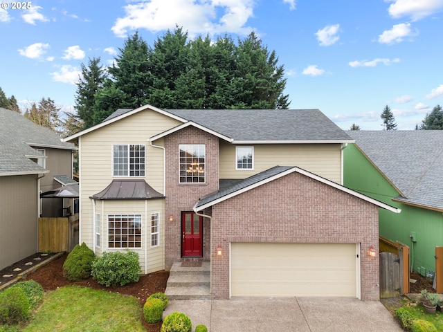 traditional home with fence, a shingled roof, an attached garage, brick siding, and driveway