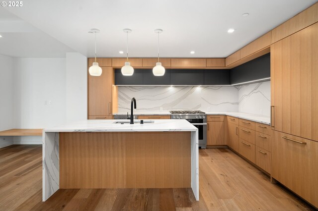 590 Waterfront Way Unit 500, Vancouver, WA 98660 - kitchen featuring stainless steel stove, light wood finished floors, tasteful backsplash, light stone countertops, and a sink