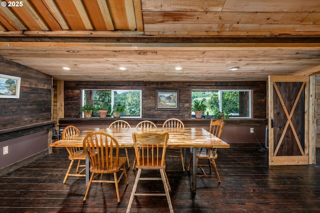 dining space featuring plenty of natural light, wood walls, dark wood-style floors, wooden ceiling, and recessed lighting