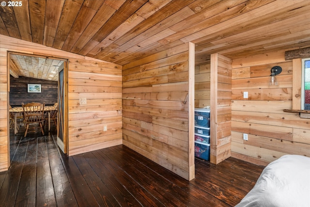 bonus room with wooden walls, wooden ceiling, dark wood-style flooring, a sauna / steam room, and lofted ceiling