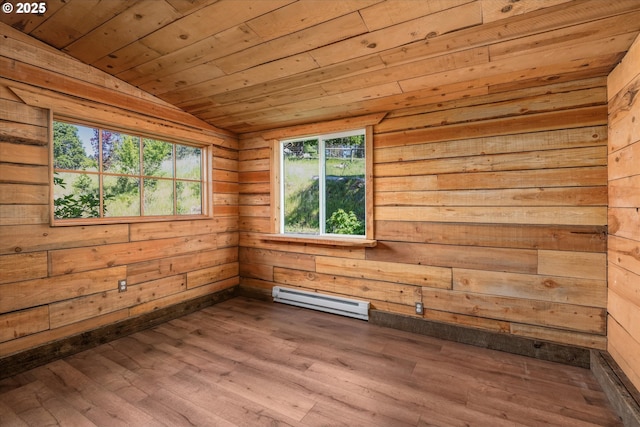 empty room featuring a baseboard heating unit, vaulted ceiling, wood finished floors, wooden ceiling, and wooden walls
