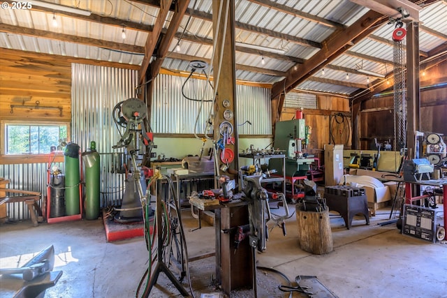 garage with a workshop area