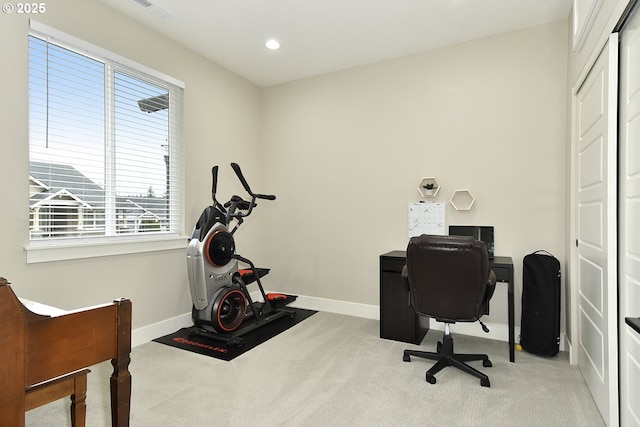 office with carpet flooring, recessed lighting, visible vents, and baseboards