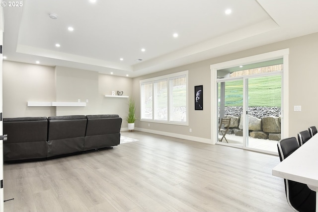 living room featuring light wood finished floors, plenty of natural light, and a raised ceiling