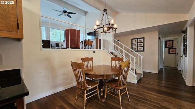 1159 Fir Acres Dr, Eugene, OR 97401 - dining room featuring stairs, wood finished floors, ceiling fan, a chandelier, and a textured wall