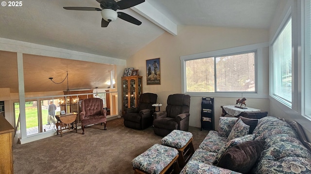 1159 Fir Acres Dr, Eugene, OR 97401 - carpeted living room with a chandelier and ceiling fan
