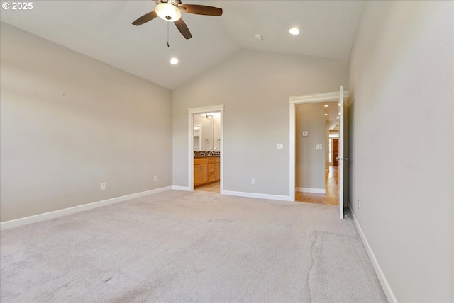 5809 NW 26th Ave, Camas, WA 98607 - unfurnished bedroom with lofted ceiling, light carpet, recessed lighting, connected bathroom, and a ceiling fan