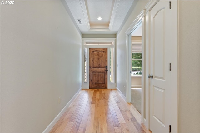 5809 NW 26th Ave, Camas, WA 98607 - entryway with a raised ceiling, light wood-style flooring, crown molding, and recessed lighting