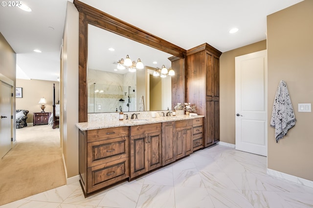 7705 NW Quinault St, Camas, WA 98607 - full bathroom featuring vanity, a shower with door, marble finish floor, baseboards, and a notable chandelier