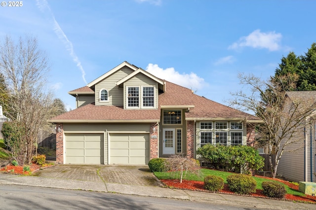 view of front of property featuring concrete driveway, brick siding, and a shingled roof