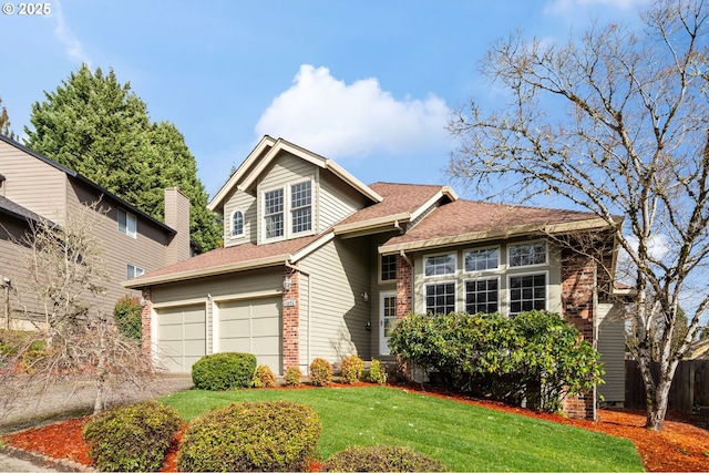 view of front of property with concrete driveway, a front yard, a shingled roof, a garage, and brick siding