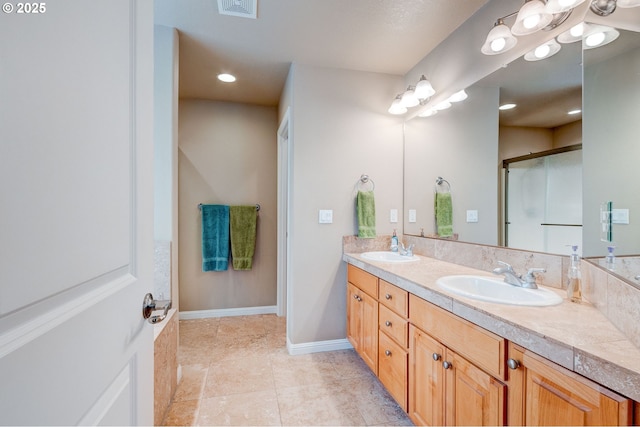 16710 NE 5th St, Vancouver, WA 98684 - full bath featuring double vanity, a shower with door, recessed lighting, and tile patterned floors