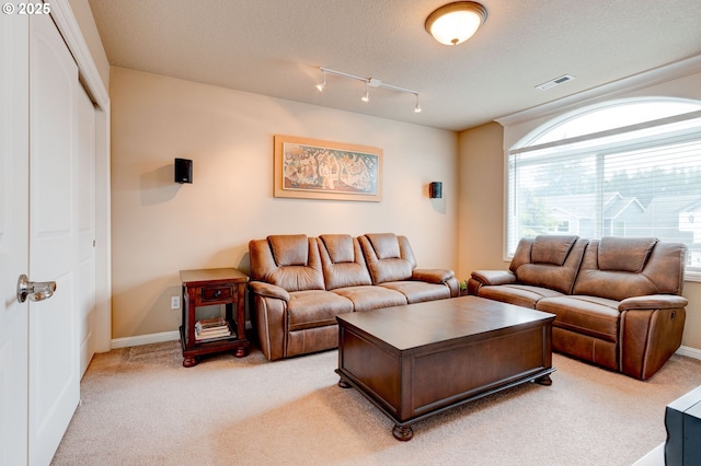 16710 NE 5th St, Vancouver, WA 98684 - living area with light carpet, baseboards, rail lighting, and a textured ceiling