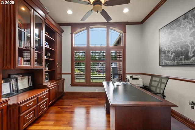 904 NE 224th Cir, Ridgefield, WA 98642 - home office with ceiling fan, ornamental molding, dark wood-type flooring, and baseboards