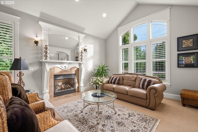 904 NE 224th Cir, Ridgefield, WA 98642 - living area with carpet flooring, a fireplace, recessed lighting, high vaulted ceiling, and baseboards