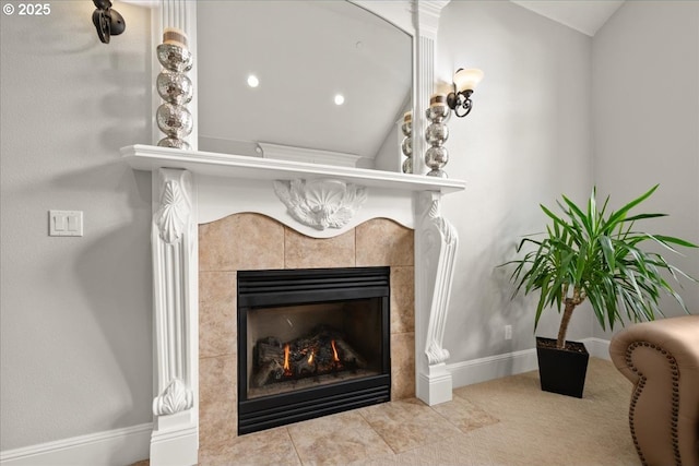 904 NE 224th Cir, Ridgefield, WA 98642 - detailed view of a tile fireplace, baseboards, and carpet flooring