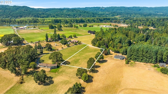 birds eye view of property featuring a water view, a view of trees, and a rural view