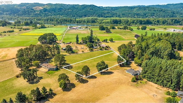 birds eye view of property featuring a rural view, a water view, and a view of trees