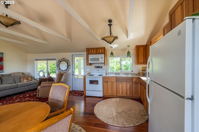 57569 Parkersburg Rd, Bandon, OR 97411 - kitchen featuring white appliances, dark wood-style floors, light countertops, open floor plan, and plenty of natural light