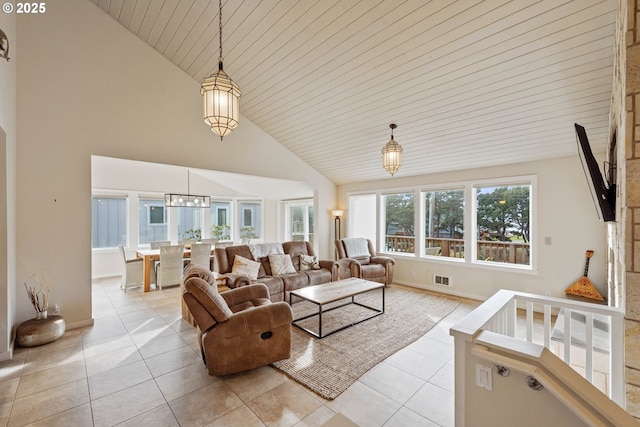 living room featuring wooden ceiling, high vaulted ceiling, and light tile patterned floors