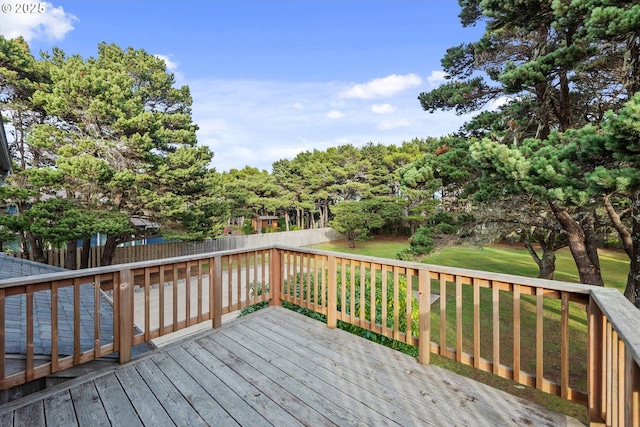 wooden deck featuring a lawn