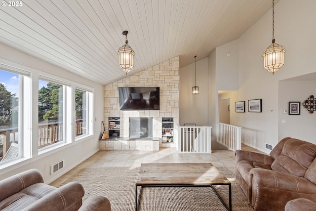 tiled living room with high vaulted ceiling, wooden ceiling, and a fireplace