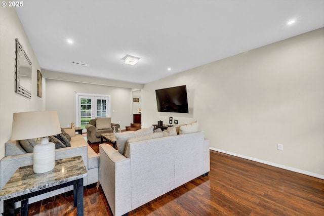 2280 Dakota St, Eugene, OR 97402 - living room with dark wood-style flooring, french doors, baseboards, and recessed lighting
