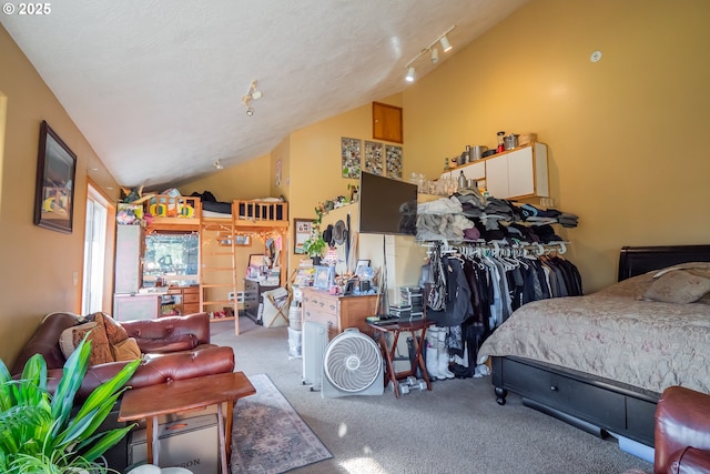 bedroom featuring carpet floors, rail lighting, vaulted ceiling, and a textured ceiling