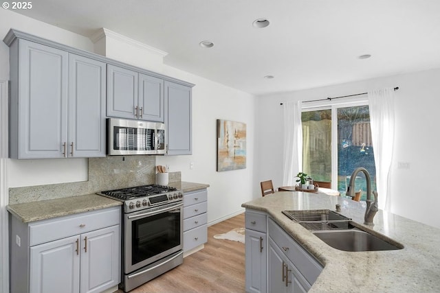 kitchen with light wood-style flooring, gray cabinetry, a sink, appliances with stainless steel finishes, and backsplash