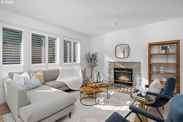 living area featuring a fireplace and wood finished floors