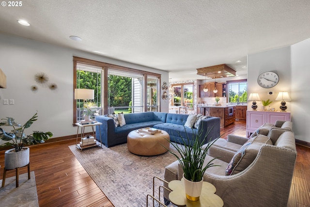 living area featuring baseboards, a textured ceiling, healthy amount of natural light, wood finished floors, and recessed lighting