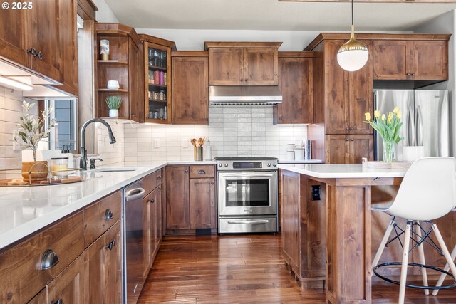 kitchen featuring stainless steel appliances, a sink, under cabinet range hood, a kitchen bar, and dark wood finished floors