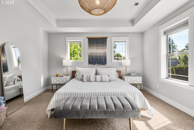 carpeted bedroom with a tray ceiling, multiple windows, and baseboards