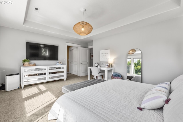 bedroom featuring carpet floors and a raised ceiling