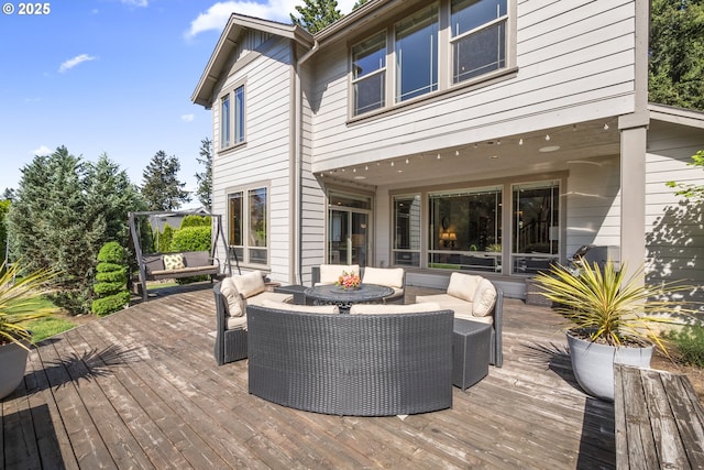 wooden terrace featuring an outdoor living space