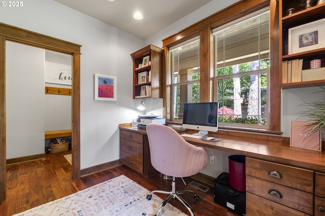 office area with baseboards, dark wood finished floors, and recessed lighting