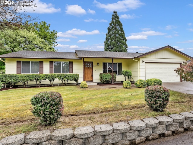 280 NE Dunn Pl, Mcminnville, OR 97128 - ranch-style home with an attached garage, a front lawn, driveway, and a shingled roof