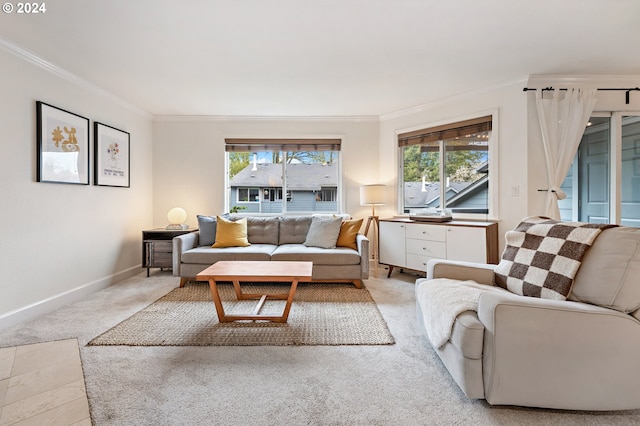 carpeted living room featuring ornamental molding